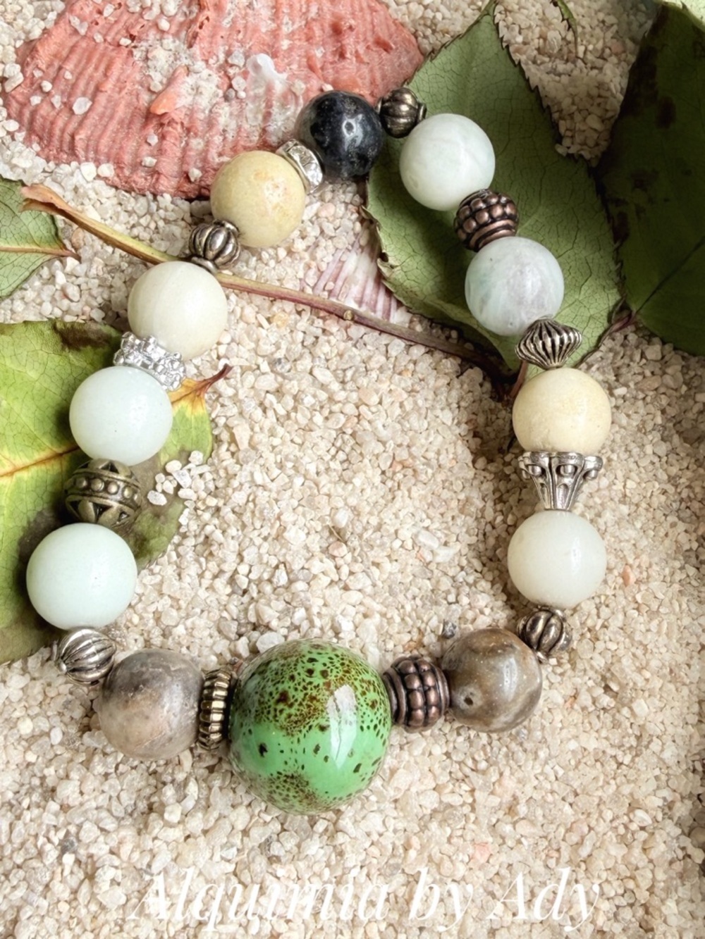 MONUMENTAL AMAZONITE Green and Neutral Beaded Stretch Bracelet